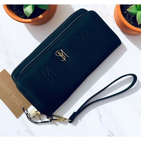 NWT Steve Madden Gorgeous BBENNI Black & Gold Zip All Around Wristlet Wallet - Picture 10 of 16